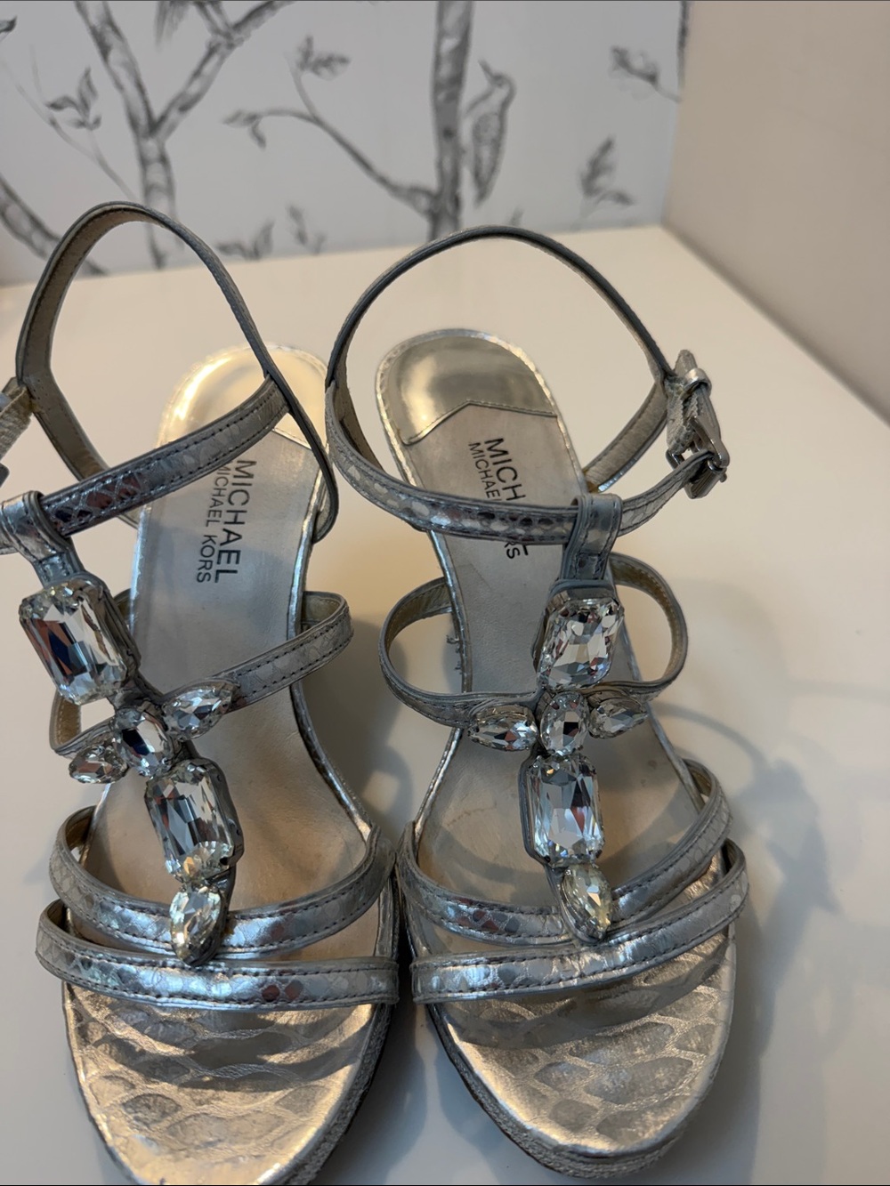Michael Kors Silver Crystal T-Strap Sandals